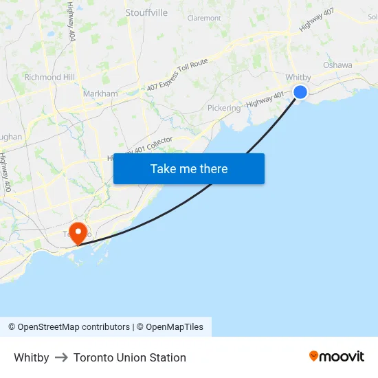 Whitby to Toronto Union Station map