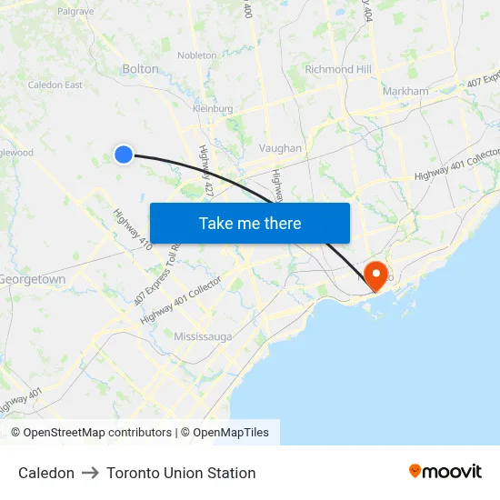 Caledon to Toronto Union Station map