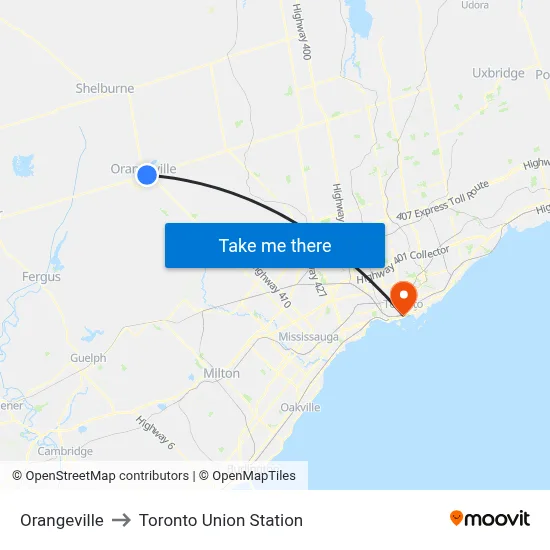 Orangeville to Toronto Union Station map