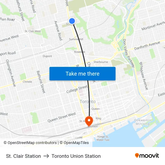 St. Clair Station to Toronto Union Station map