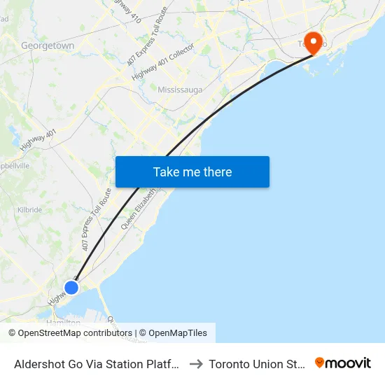 Aldershot Go Via Station Platform 10 to Toronto Union Station map