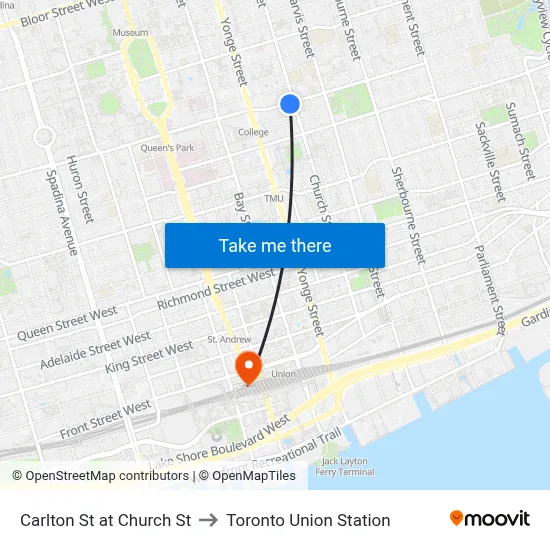 Carlton St at Church St to Toronto Union Station map