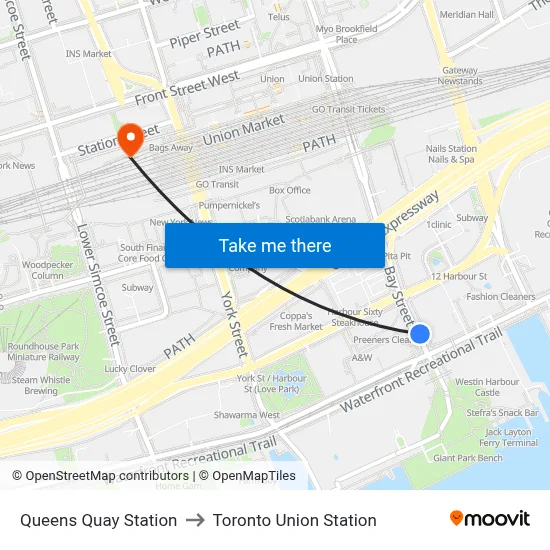 Queens Quay Station to Toronto Union Station map