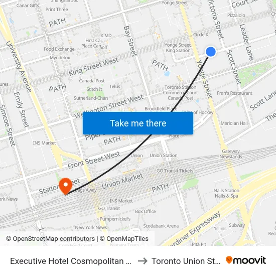 Executive Hotel Cosmopolitan Toronto to Toronto Union Station map