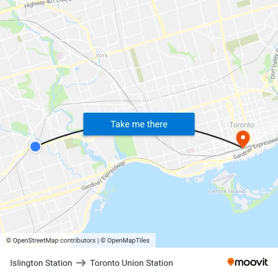 Islington Station to Toronto Union Station map