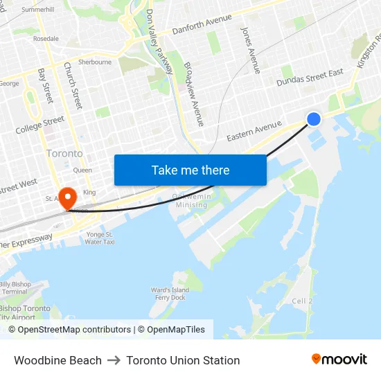 Woodbine Beach to Toronto Union Station map
