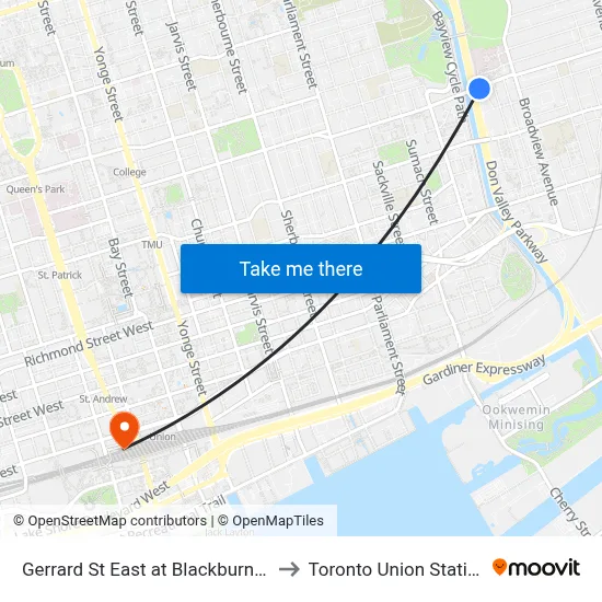 Gerrard St East at Blackburn St to Toronto Union Station map
