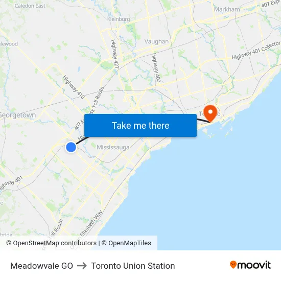 Meadowvale GO to Toronto Union Station map