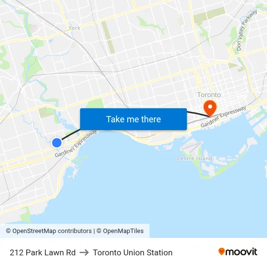 212 Park Lawn Rd, Toronto, ON M8Y 3J4 to Toronto Union Station map