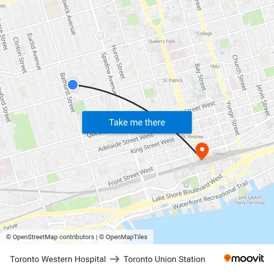 Toronto Western Hospital to Toronto Union Station map