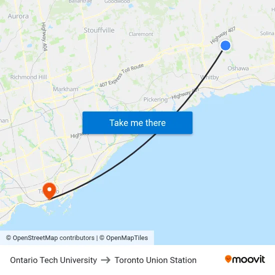 Ontario Tech University to Toronto Union Station map