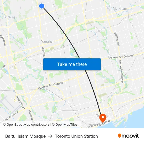 Baitul Islam Mosque to Toronto Union Station map