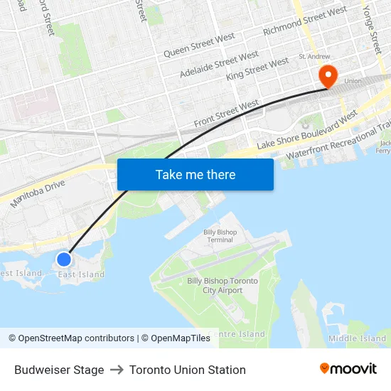Budweiser Stage to Toronto Union Station map