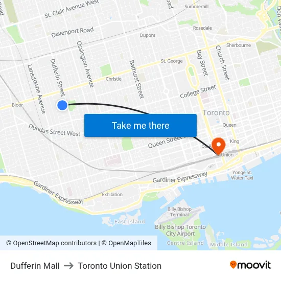Dufferin Mall to Toronto Union Station map