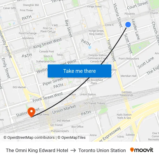 The Omni King Edward Hotel to Toronto Union Station map