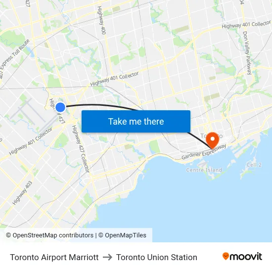Toronto Airport Marriott to Toronto Union Station map