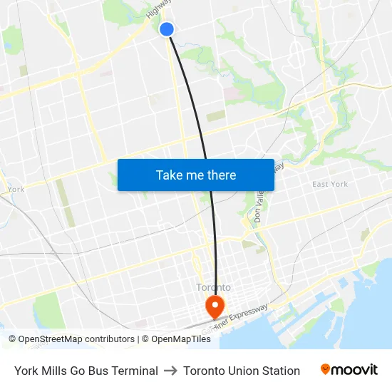 York Mills Go Bus Terminal to Toronto Union Station map