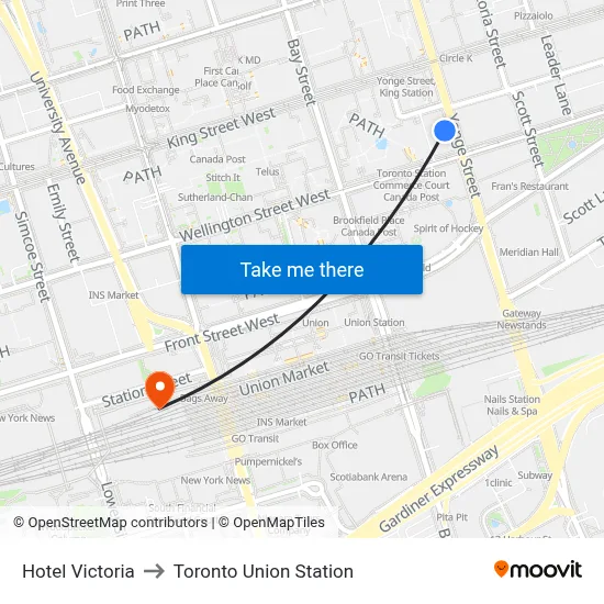 Hotel Victoria to Toronto Union Station map