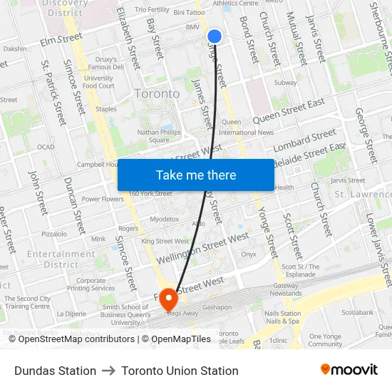 Dundas Station to Toronto Union Station map