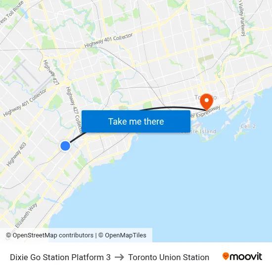 Dixie Go Station Platform 3 to Toronto Union Station map