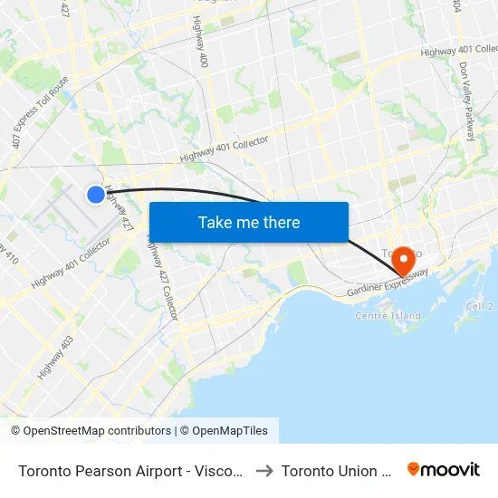 Toronto Pearson Airport - Viscount Station to Toronto Union Station map