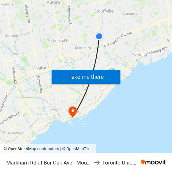 Markham Rd at Bur Oak Ave - Mount Joy Go Station to Toronto Union Station map