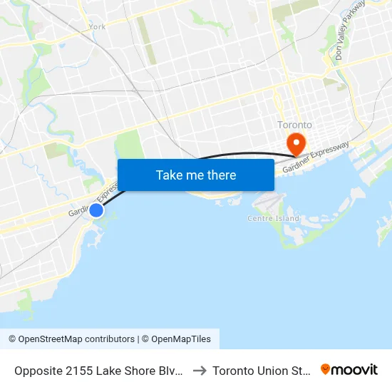 Opposite 2155 Lake Shore Blvd West to Toronto Union Station map