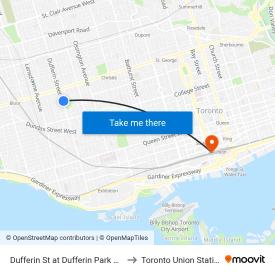 Dufferin St at Dufferin Park Ave to Toronto Union Station map