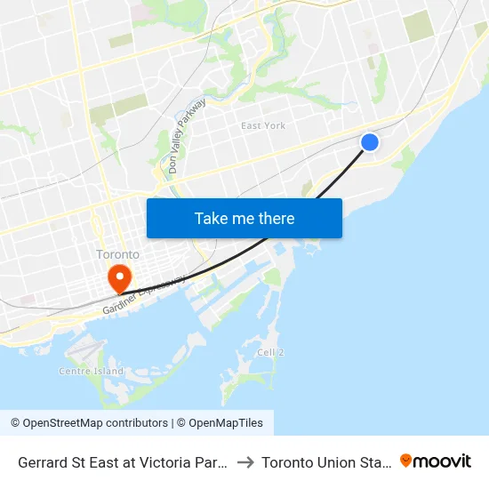 Gerrard St East at Victoria Park Ave to Toronto Union Station map