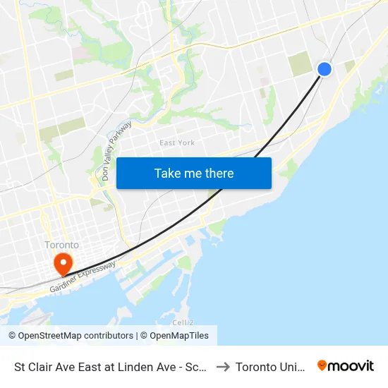 St Clair Ave East at Linden Ave - Scarborough Go Station to Toronto Union Station map