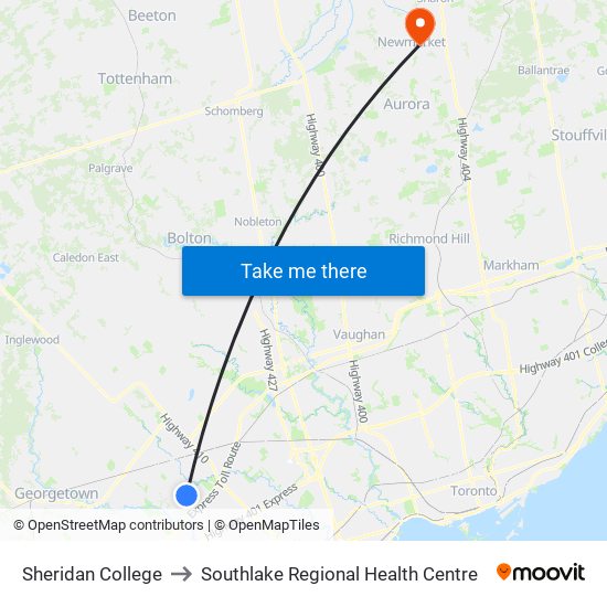 Sheridan College to Southlake Regional Health Centre map