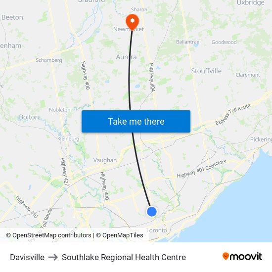 Davisville to Southlake Regional Health Centre map