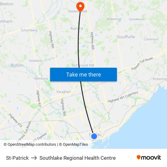 St-Patrick to Southlake Regional Health Centre map