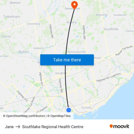 Jane to Southlake Regional Health Centre map