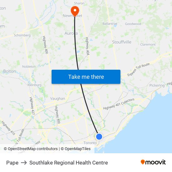Pape to Southlake Regional Health Centre map