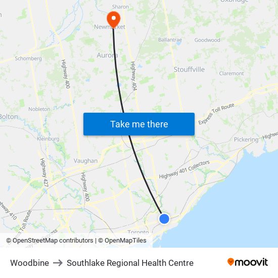 Woodbine to Southlake Regional Health Centre map