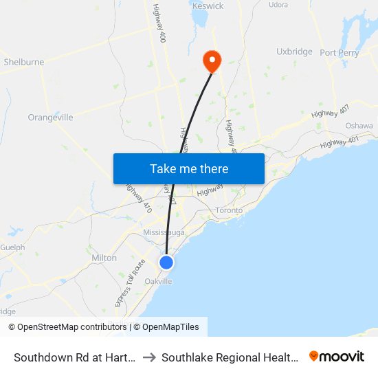 Southdown Rd at Hartland Dr to Southlake Regional Health Centre map