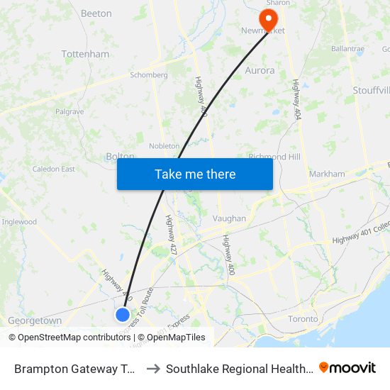 Brampton Gateway Terminal to Southlake Regional Health Centre map