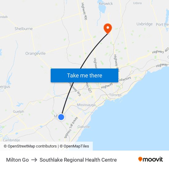 Milton Go to Southlake Regional Health Centre map