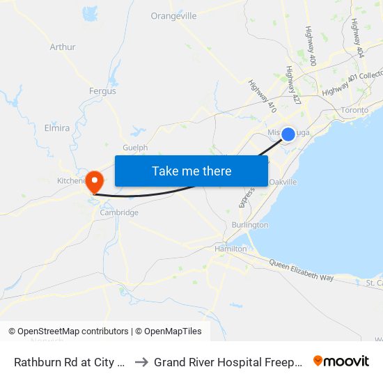 Rathburn Rd at City Centre Dr to Grand River Hospital Freeport Campus map