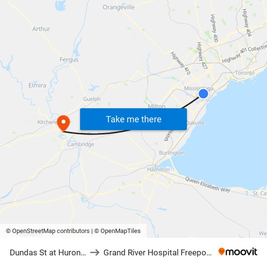 Dundas St at Hurontario St to Grand River Hospital Freeport Campus map
