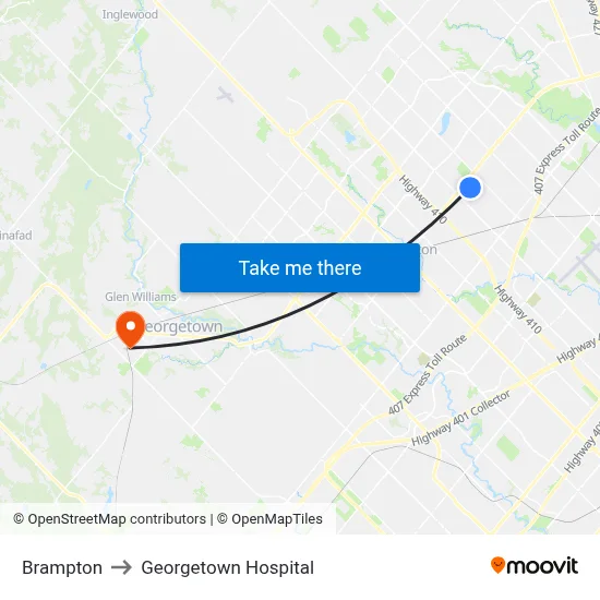 Brampton to Georgetown Hospital map