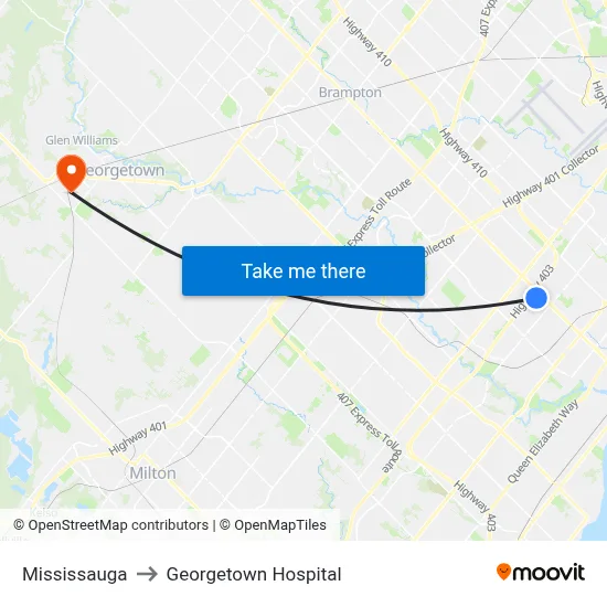 Mississauga to Georgetown Hospital map