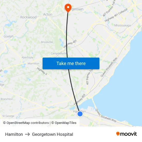 Hamilton to Georgetown Hospital map