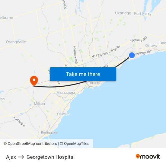 Ajax to Georgetown Hospital map