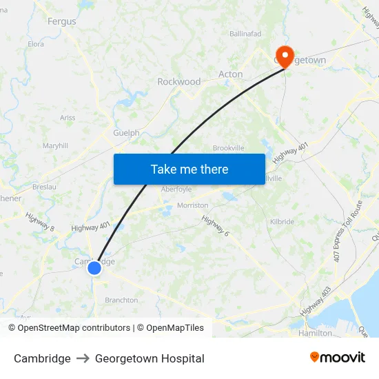 Cambridge to Georgetown Hospital map