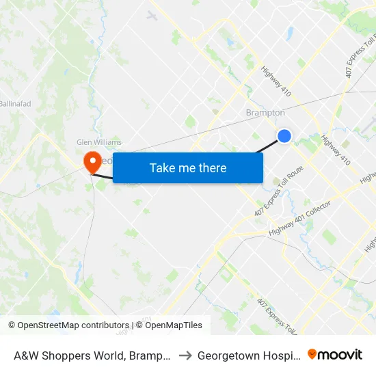 A&W Shoppers World, Brampton to Georgetown Hospital map