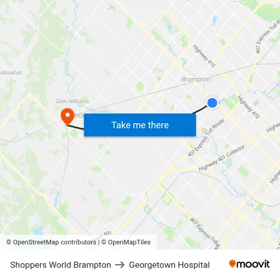 Shoppers World Brampton to Georgetown Hospital map