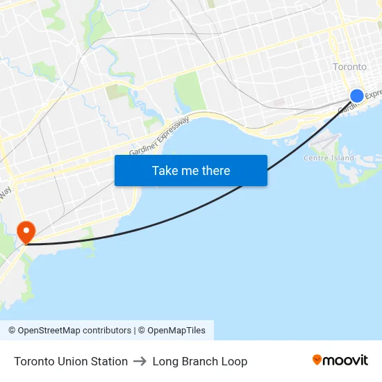 Toronto Union Station to Long Branch Loop map