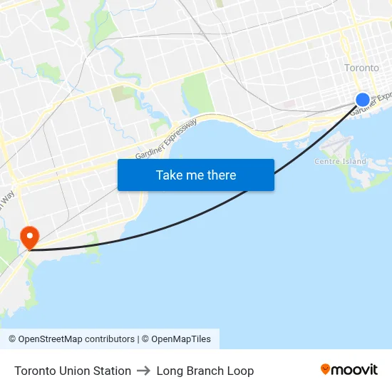 Toronto Union Station to Long Branch Loop map